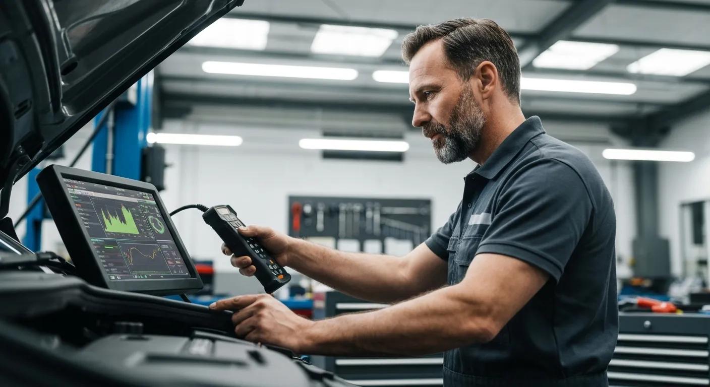 Mechanic using an electronic scanner for engine diagnostics, highlighting improved vehicle performance