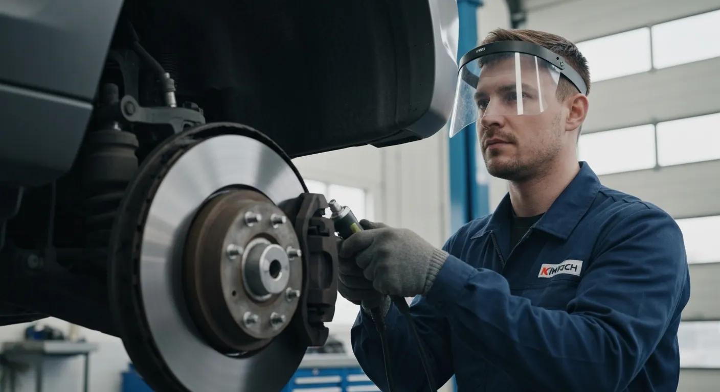 A mechanic using advanced diagnostic tools on vehicle brakes, demonstrating Kintech's commitment to quality techniques