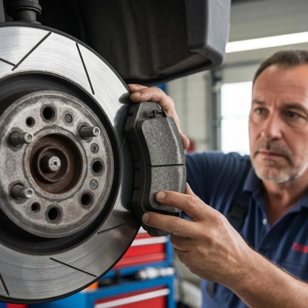 A close-up view of worn brake pads and rotors being meticulously inspected by a mechanic