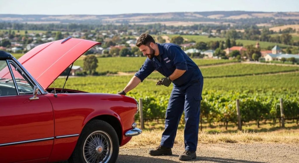 Mobile mechanic working on a car in the Barossa Valley, highlighting convenience and quality service