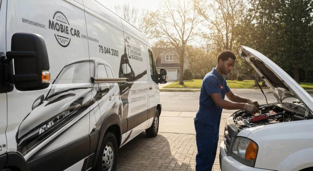 A professional mobile mechanic van servicing a car at a customer's home, highlighting convenience and expert service