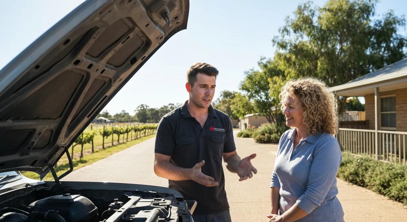 Mobile mechanic discussing vehicle service with a local customer in their Barossa Valley driveway