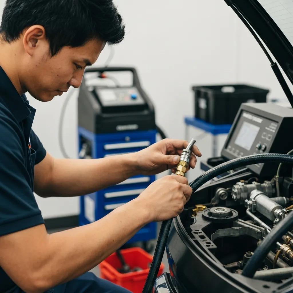 Kintech technician performing a mobile car AC regas with professional equipment