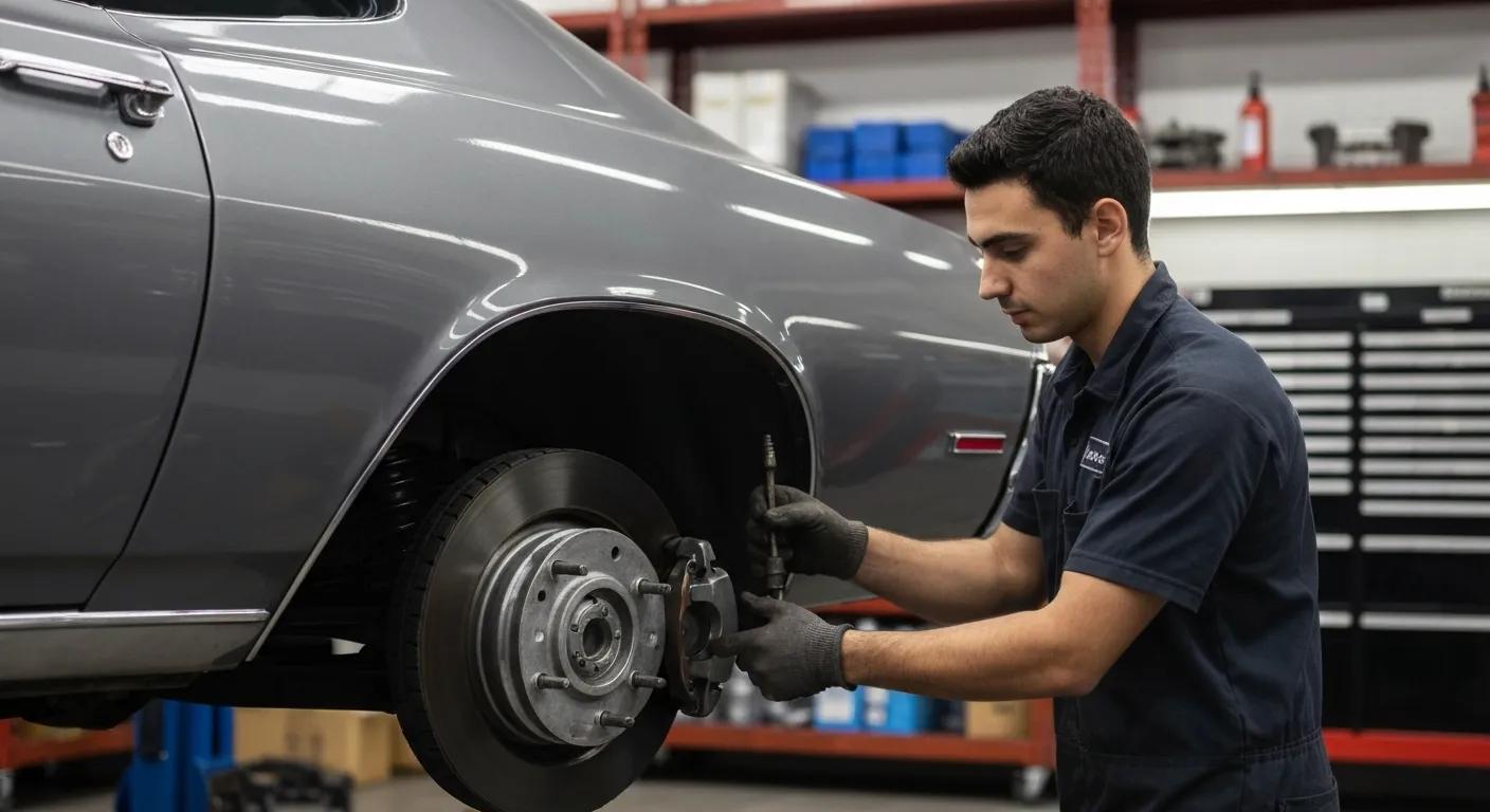 A mechanic carefully replacing brake components on a car, demonstrating precision and professional vehicle maintenance