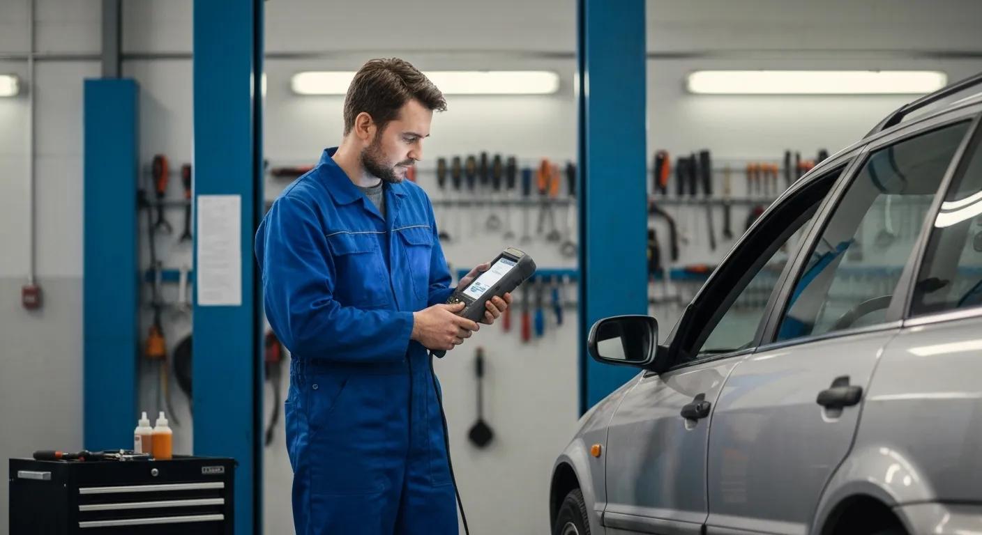 Mechanic conducting mobile vehicle diagnostics with a scanner at a customer's home
