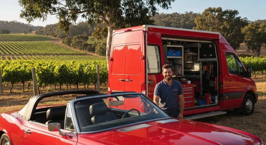 Mobile mechanic van parked in the scenic Barossa Valley, with a technician attending to a vehicle
