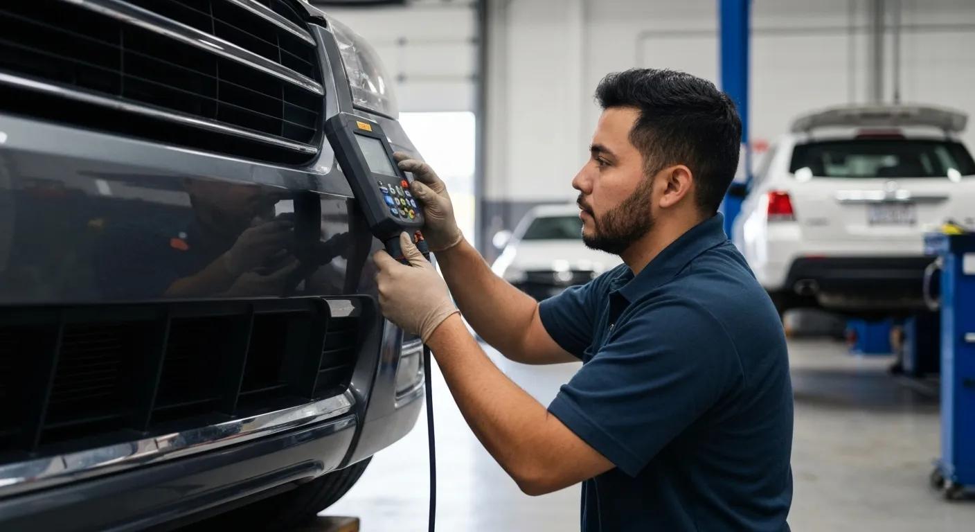 Mobile mechanic performing a pre-purchase vehicle inspection using diagnostic equipment