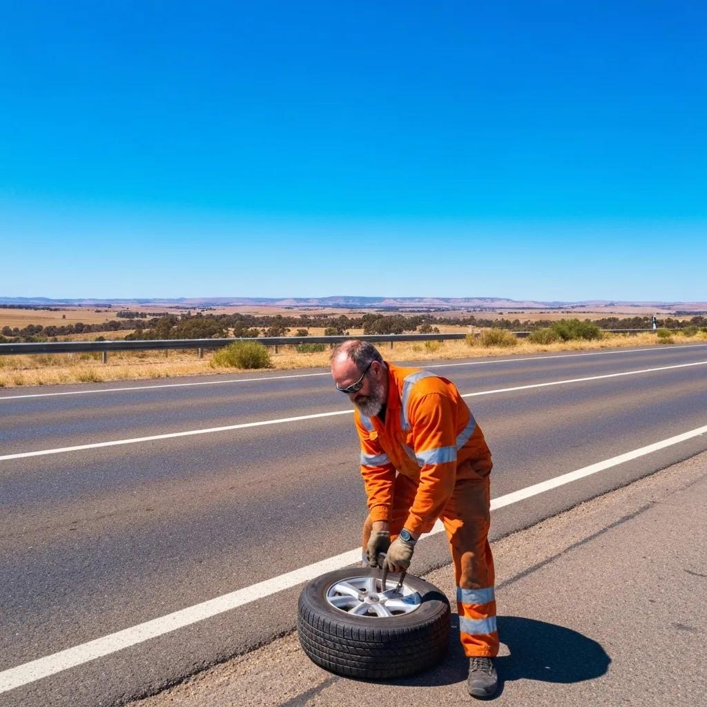 Mobile mechanic assisting a driver with a flat tyre on a quiet road in the Barossa Valley