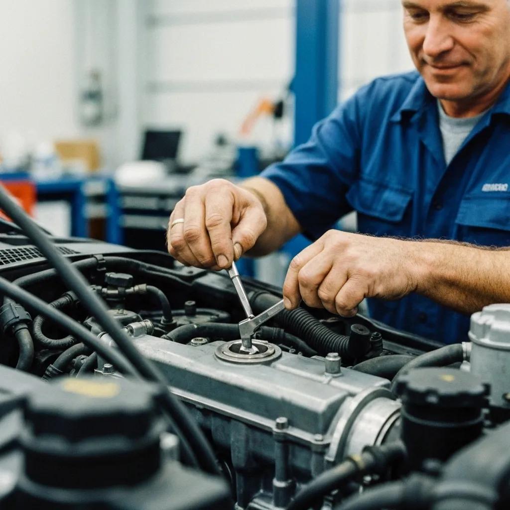 A mechanic using a sophisticated OBD-II scanner to diagnose a car's engine, showcasing advanced technical skills