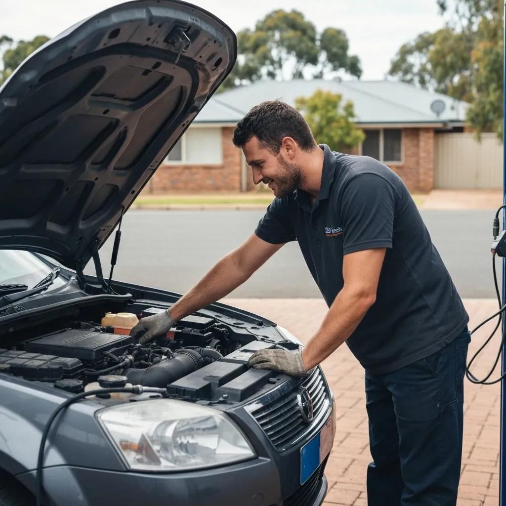 Expert mobile mechanic using advanced diagnostic tools on a vehicle in a Tanunda driveway