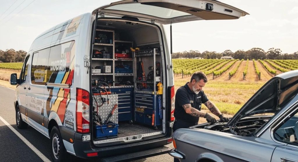 Mobile mechanic service van in Barossa with technician performing car repairs on-site