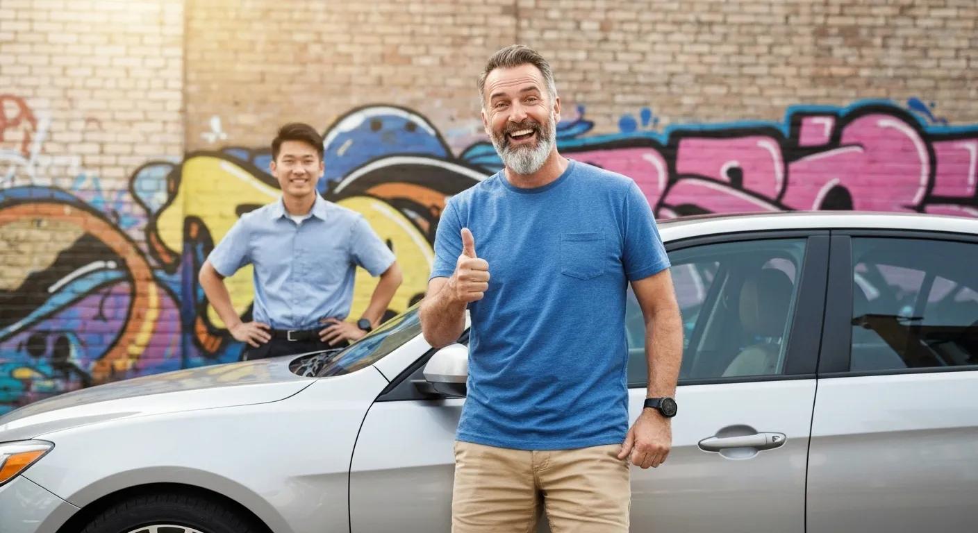 Happy customer giving a thumbs up next to their car after receiving mobile mechanical service