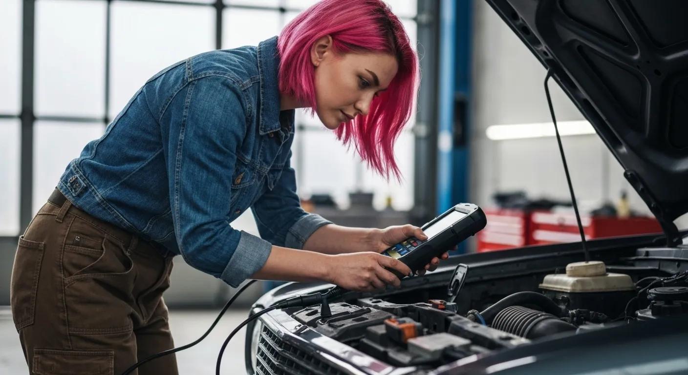 Mobile mechanic using an OBD-II scanner for vehicle diagnostics, showcasing modern diagnostic services