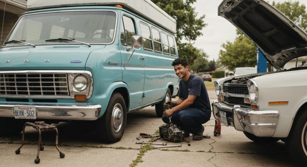 Mobile mechanic servicing a car in a driveway, emphasizing convenience and local service