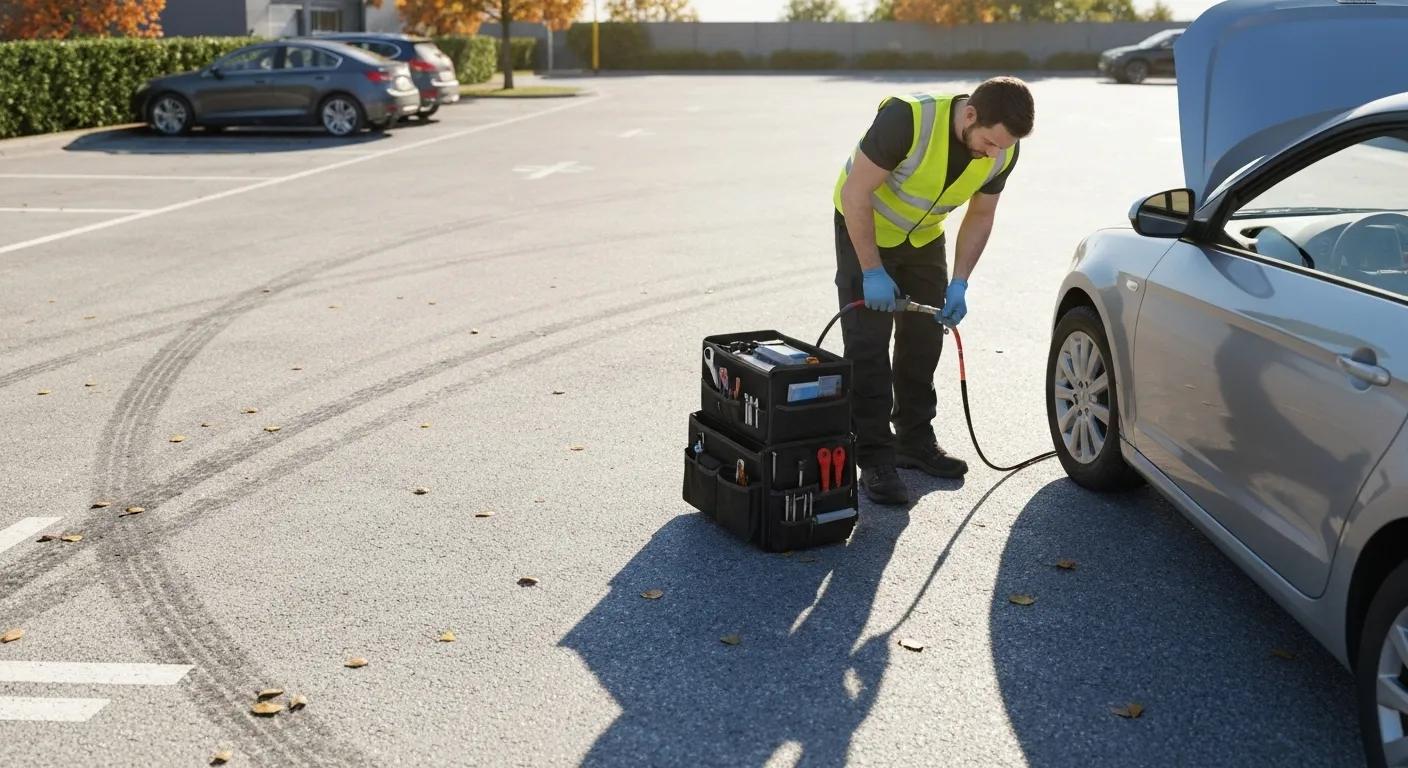 Technician performing mobile AC regas service in workplace parking lot