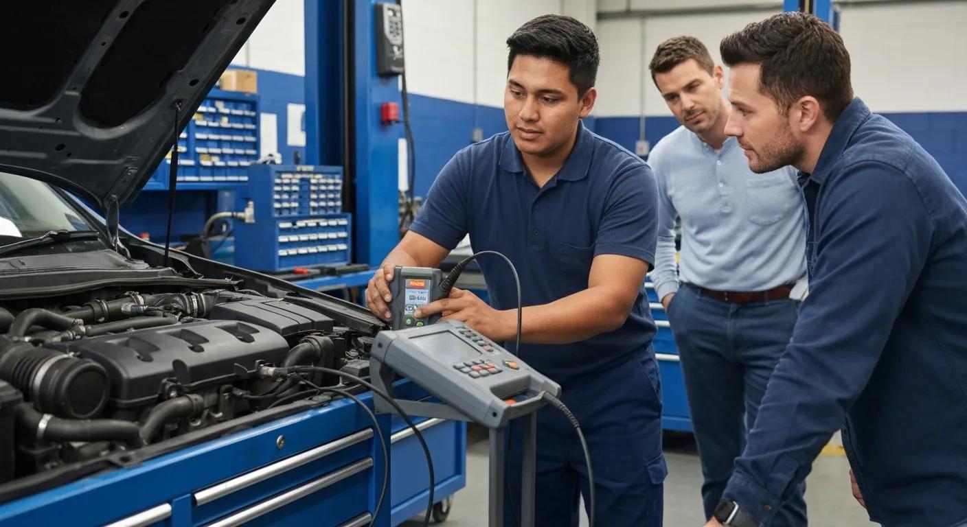 Mechanic using diagnostic tools to assess vehicle repairs while explaining to a customer