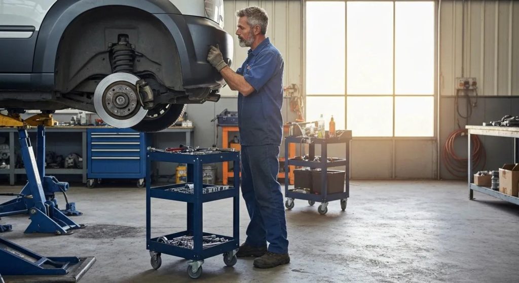 Car mechanic inspecting brake system in Lyndoch, highlighting mobile mechanical service