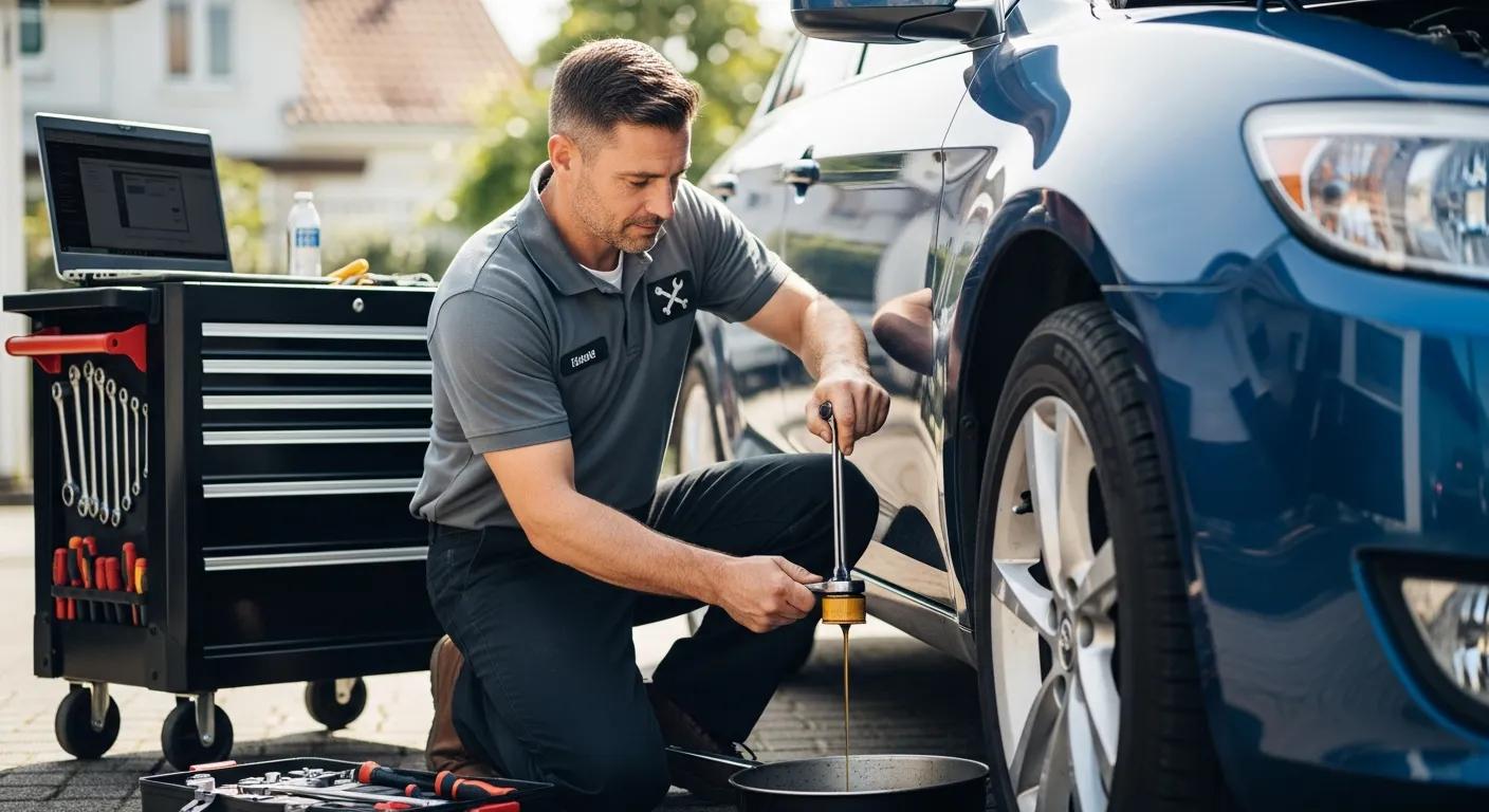 Mobile mechanic conducting routine vehicle maintenance, highlighting professionalism and service quality