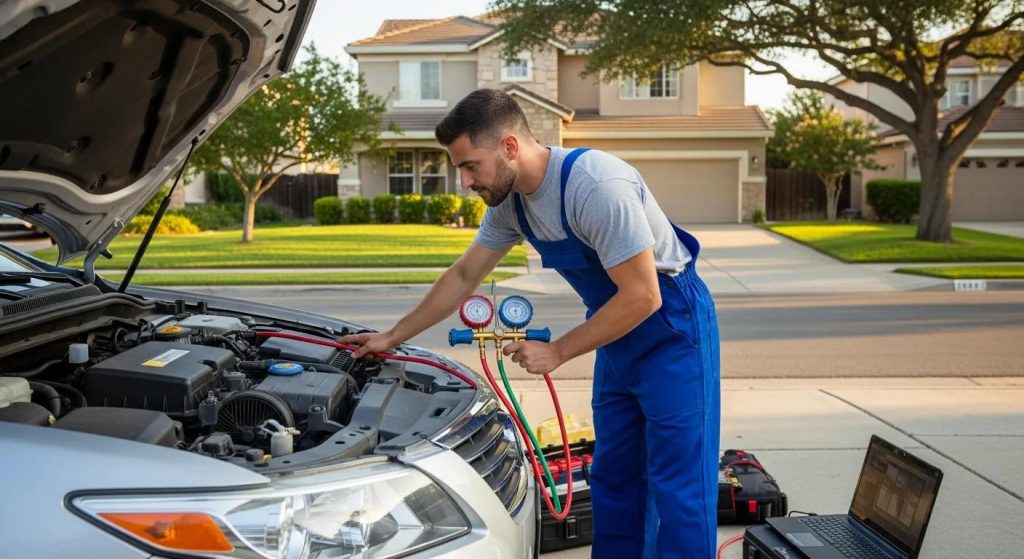 Mobile auto mechanic diagnosing car air conditioning system in a suburban driveway
