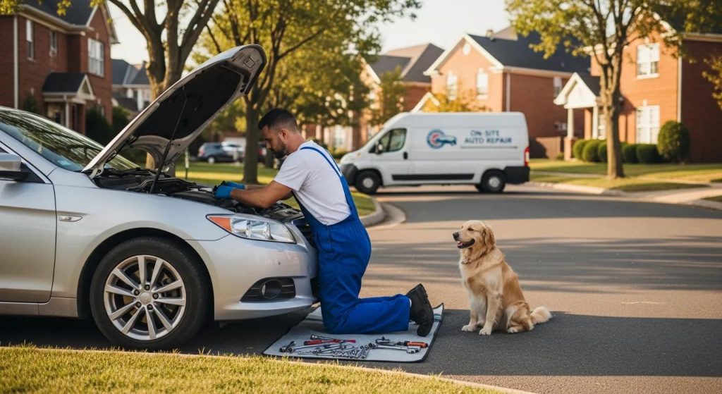 Mobile car mechanic repairing a vehicle in a residential area, showcasing convenience and service