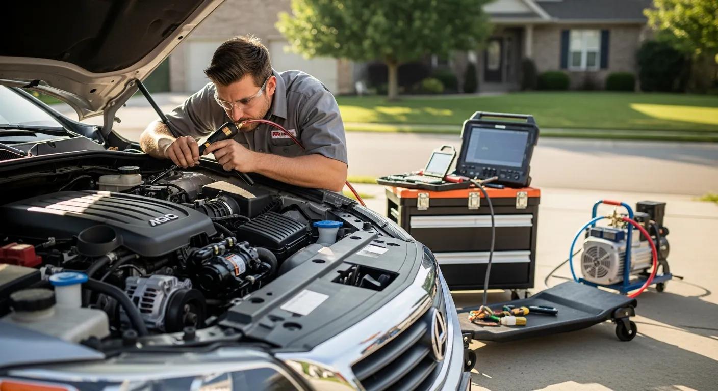 Mobile mechanic performing leak detection on vehicle AC system
