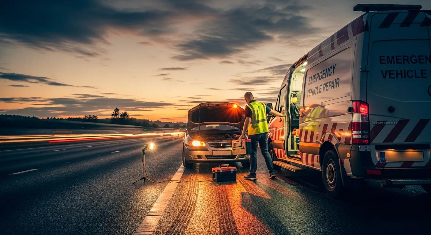 Mobile mechanic arriving to assist with a vehicle breakdown, emphasizing emergency repair services
