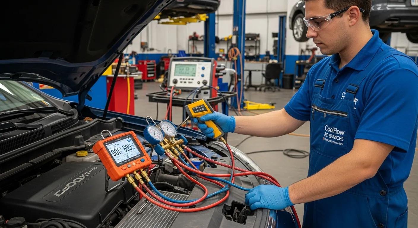 Technician conducting performance testing on vehicle air conditioning system