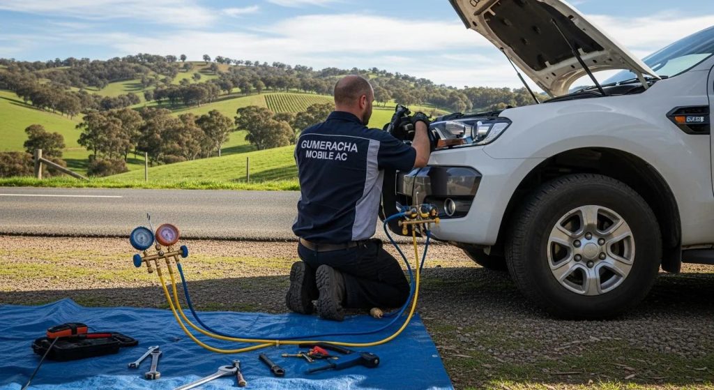 Mobile air conditioning technician servicing a vehicle in Gumeracha