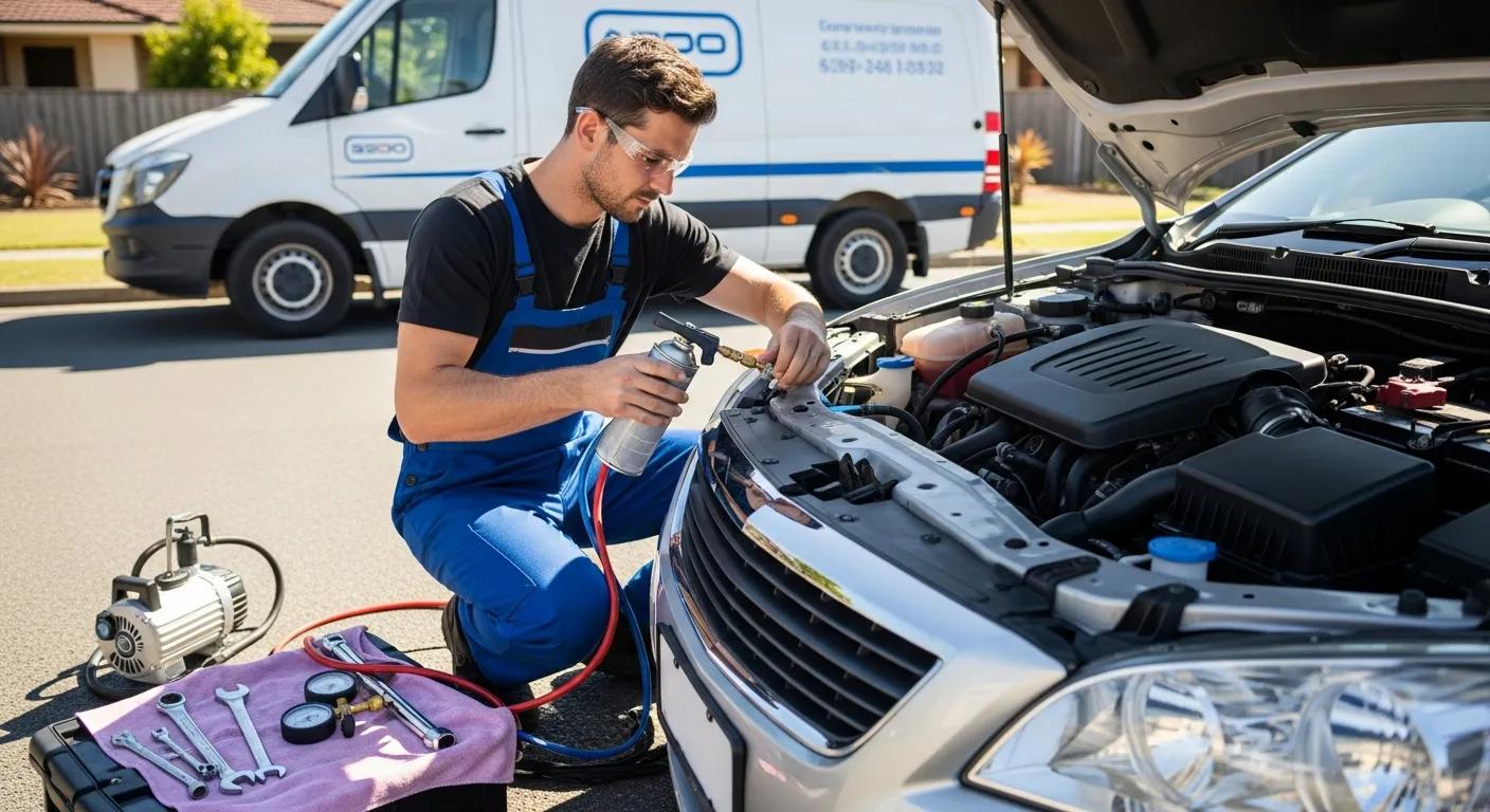 Mobile mechanic refilling refrigerant during AC regas process on a vehicle
